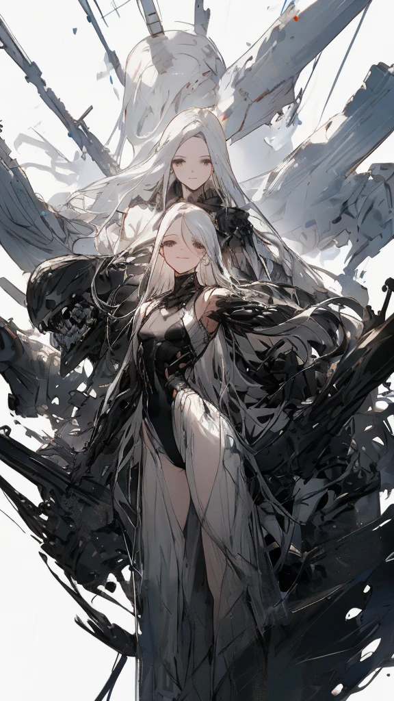 masterpiece, Highest quality, Observe the audience, length Hair, Fresh, (Straight hair:0.7),
Black Theme, ((((Black Ruins,)))),Human whole body,See-through leotard,Front view,Black eyes,Bright Eyes,length, Pure white straight hair,Small breasts、A light smile,(Full Shot),Ultra-high resolution,Accurate,Very detailed,Awards,Attention to detail,Highest quality,8K、High Leg、mysterious、Quiet abandoned cityscape、mechanical、Beautiful Muscles、beautiful girl