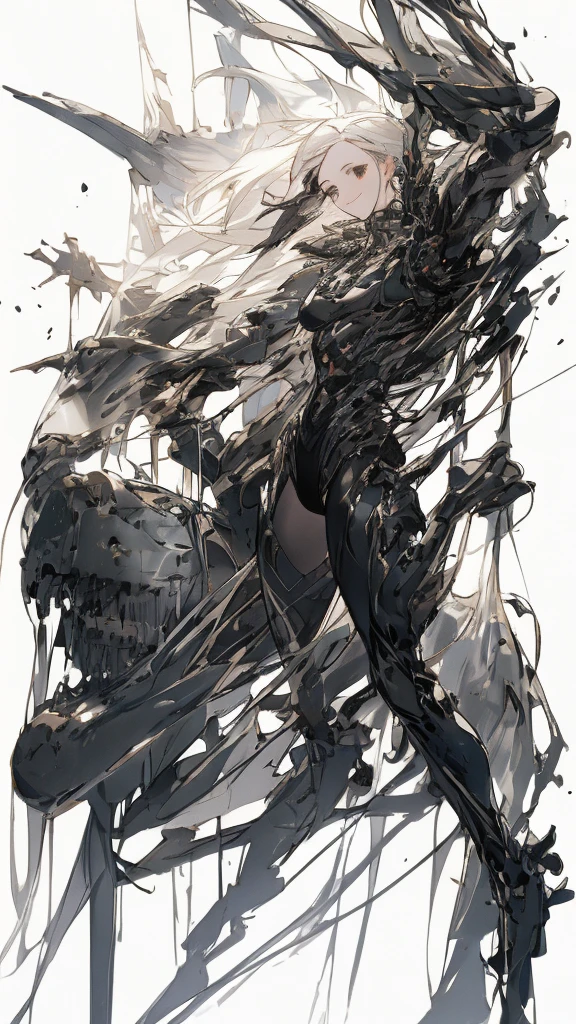 masterpiece, Highest quality, Observe the audience, length Hair, Fresh, (Straight hair:0.7),
Black Theme, ((((Black Ruins,)))),Human whole body,See-through leotard,Front view,Black eyes,Bright Eyes,length, Pure white straight hair,Small breasts、A light smile,(Full Shot),Ultra-high resolution,Accurate,Very detailed,Awards,Attention to detail,Highest quality,8K、High Leg、mysterious、Quiet abandoned cityscape、mechanical、Beautiful Muscles、beautiful girl