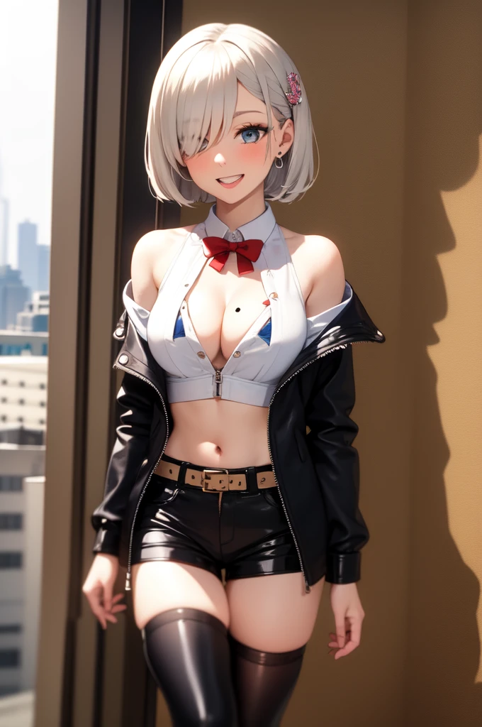 1girl, breasts, solo, smile, eyepatch, cleavage, shorts, short hair, hair ornament, looking at viewer, belt, large breasts, jacket, black shorts, black jacket, long sleeves, white hair, earrings, bangs, shirt, x hair ornament, blue eyes, short shorts, jewelry, cowboy shot, leather, grin, white shirt, detached collar, ribbon, neck ribbon, parted lips, blush, standing, brown belt, collared shirt, building, red ribbon, arms at sides, hairclip, outdoors, thighs, open clothes, navel, blunt bangs, wing collar, open jacket, city, partially unbuttoned, castle, day, leather jacket, teeth, dress shirt, grey hair, one eye covered, buckle, shiny, sky, grey eyes, midriff, ear piercing, belt buckle, leather belt, cityscape, piercing, buttons, collar, bob cut, medium breasts, midriff peek, cloud, tower, shiny clothes, sidelocks, shadow, medium hair, lips, unbuttoned, railing, hair intakes, open mouth, collarbone, blue sky, black belt, skyline, zipper, shiny hair, indoors, cropped jacket, bow, hair over one eye, shiny skin, window, cuffs, no bra, wrist cuffs, latex, skyscraper, arm at side, chain, center opening, skirt, open shirt, thighhighs, cloudy sky, :d, nail polish, hair behind ear, white collar, micro shorts, mole, blazer, partially unzipped, blurry, architecture, blurry background, town, clock tower, black thighhighs, virtual youtuber, hairpin, arch, sunlight, fingernails, zipper pull tab, corset, balcony, sleeve cuffs, stud earrings, red bow, leather pants, pink lips, bowtie, necktie