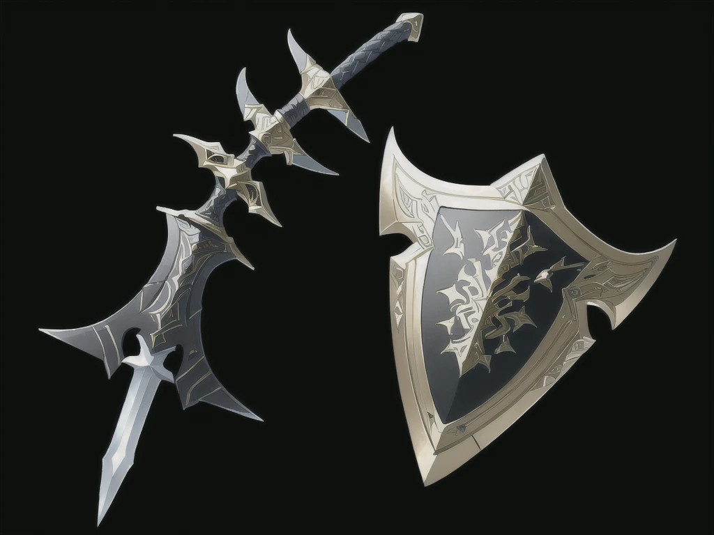 a close up of a sword and a shield on a black background, sword and shield, fantasy rpg weapon art, rpg game item, rpg item render, daggers, war blade weapon, weapons concept art, fantasy weapon, epic fantasy weapon art, shinning sword, armored sword blade, sword design, fantasy blade, magic artifacs and magic weapons, gold sword