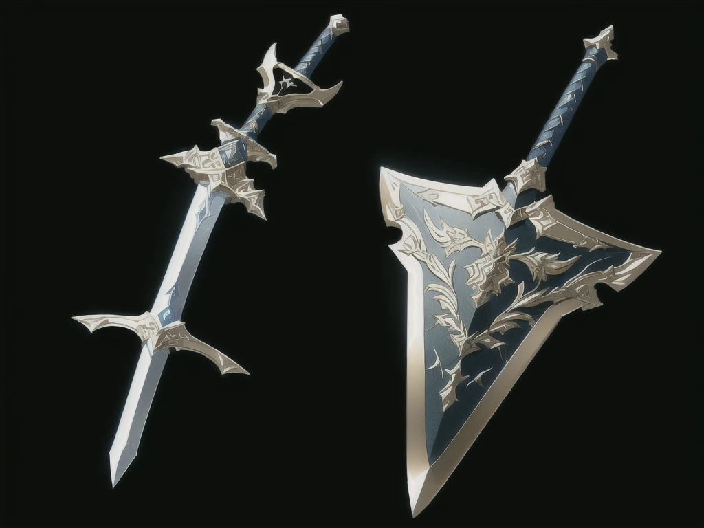 a close up of a sword and a shield on a black background, sword and shield, fantasy rpg weapon art, rpg game item, rpg item render, daggers, war blade weapon, weapons concept art, fantasy weapon, epic fantasy weapon art, shinning sword, armored sword blade, sword design, fantasy blade, magic artifacs and magic weapons, gold sword