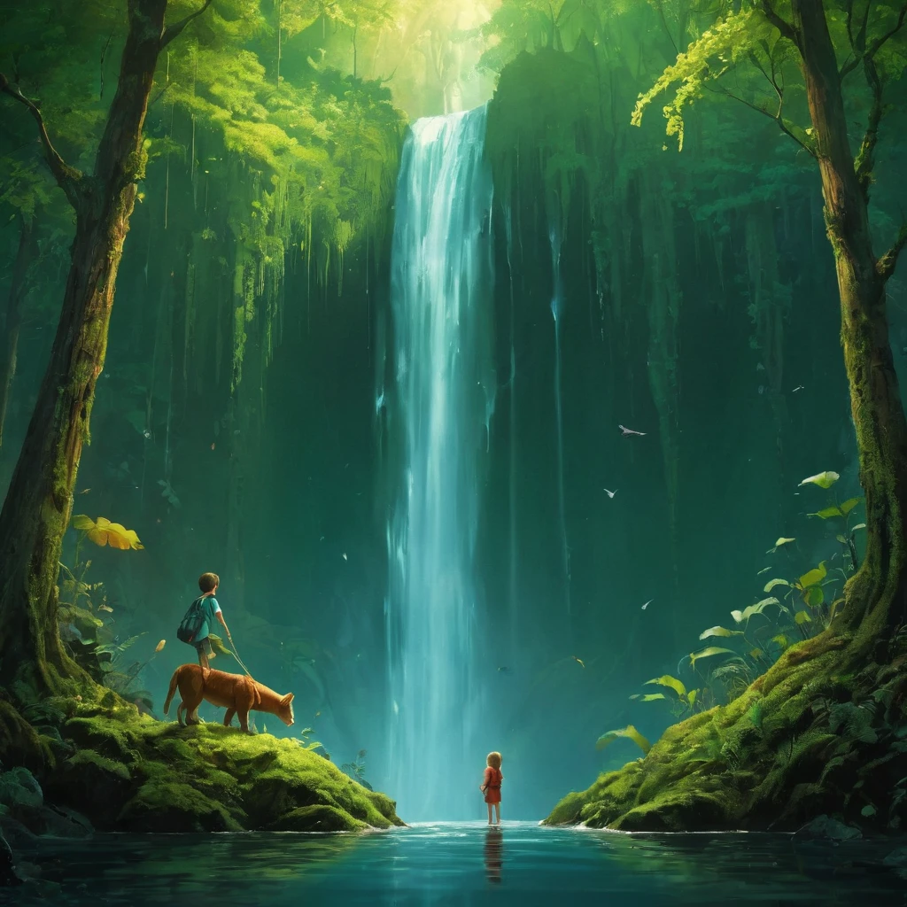 (Minimalism:1.4),  and pet, fantasy forest, waterfall 