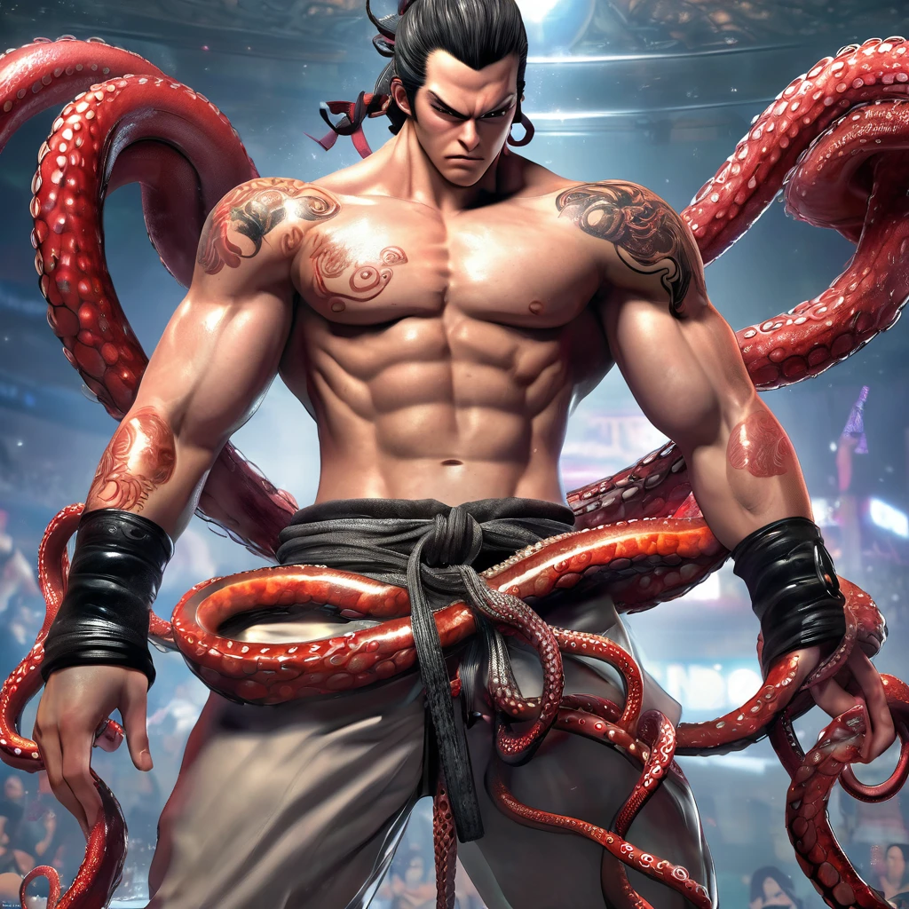 NSFW, (high resolution, Best Quality, Masterpiece, high detailed),
((image of the King of Tekken, rey_tekken7)), wrestling suit, muscular male, muscular, (big penis, big penis:1.2),
((((sweaty)))), ((angry)), ((blush)), (Tentacle bondage, Tentacle BDSM, Tentacle:1.7)
tentacles, tied, content, (tied wrists by tentacles, tied torso by tentacles, pendant), Lying on the front,