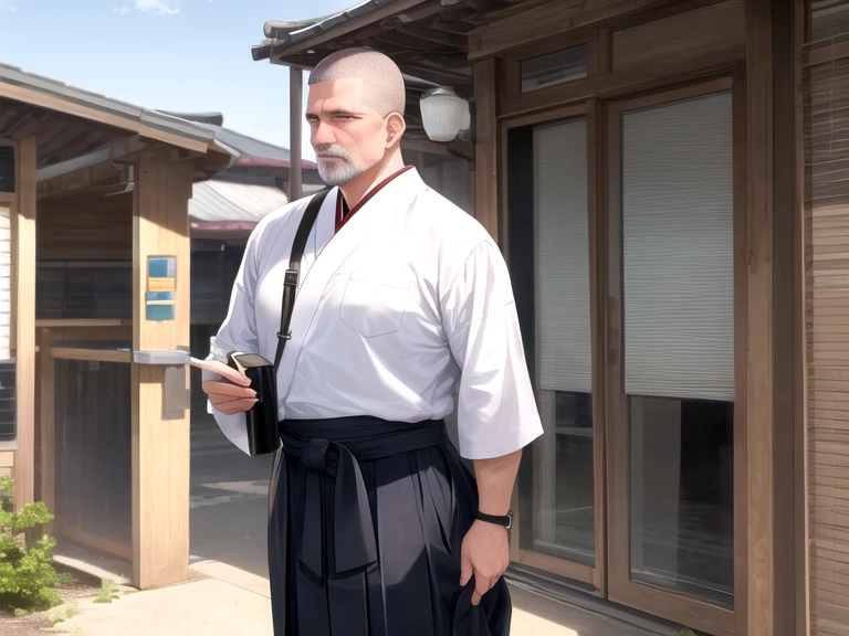 A middle-aged man with a crew cut wearing hakama