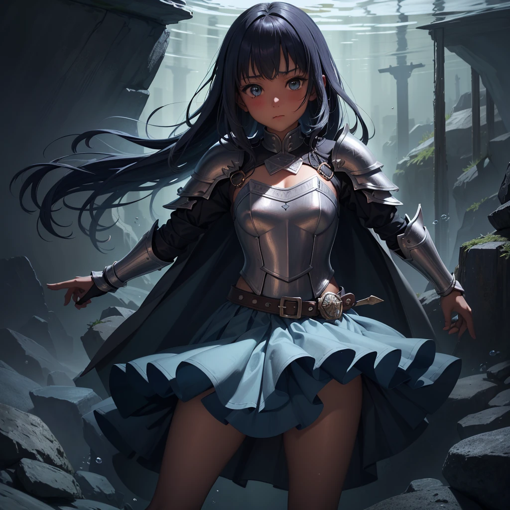 最high quality、high quality、Simple Cloth Armor、１０Year-old girl adventurer、Pitch-dark underground labyrinth、No light、skirt、Equipped with a dagger and a shield, Lower body underwater, Underwater photography、浮力でskirt捲れる