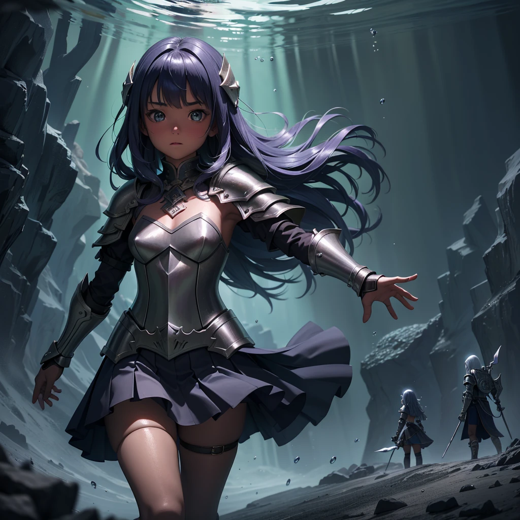 最high quality、high quality、Simple Cloth Armor、10Year-old girl adventurer、Pitch-dark underground labyrinth、No light、skirt、Equipped with a dagger and a shield, Lower body underwater, Underwater photography、浮力でskirt捲れる