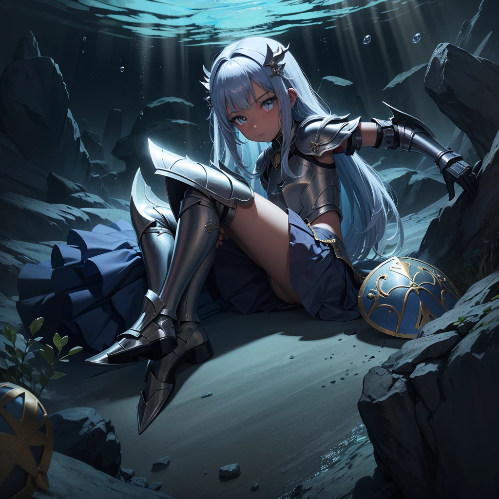 最high quality、high quality、Simple Cloth Armor、10Year-old girl adventurer、Pitch-dark underground labyrinth、No light、skirt、Equipped with a dagger and a shield, Lower body underwater, Underwater photography、浮力でskirt捲れる