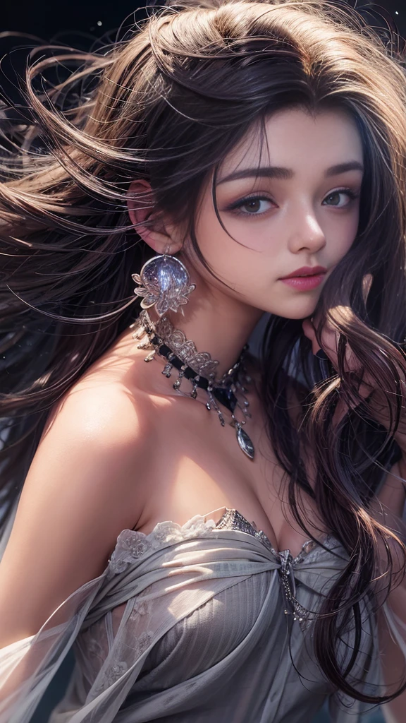 (32k:1.5, Highest quality, masterpiece, Ultra-high resolution), Perfect dynamic composition, Professional camera work:1.6, Very detailedな肌と顔の質感:1.3, Mysterious portrait:1.3, Very accurate, Very detailed, One Girl, ((Night view from the rooftop, The moonlight at night illuminates my body)), (Black Satin Nightgown:0.5), Incredibly slim body, Fair skin, Very beautiful face, (Big eyes that exude beautiful eroticism:0.9, A dreamy look:1.0, I love you with all my heart:0.8, Please open your mouth a little, lipstick, Feel the beautiful eroticism:0.7), (Wet dark brown medium length hair), Candles, The chest is medium, Earrings, necklace, bracelet, Tilt, get up, ((attractive, Hair blowing in the wind))