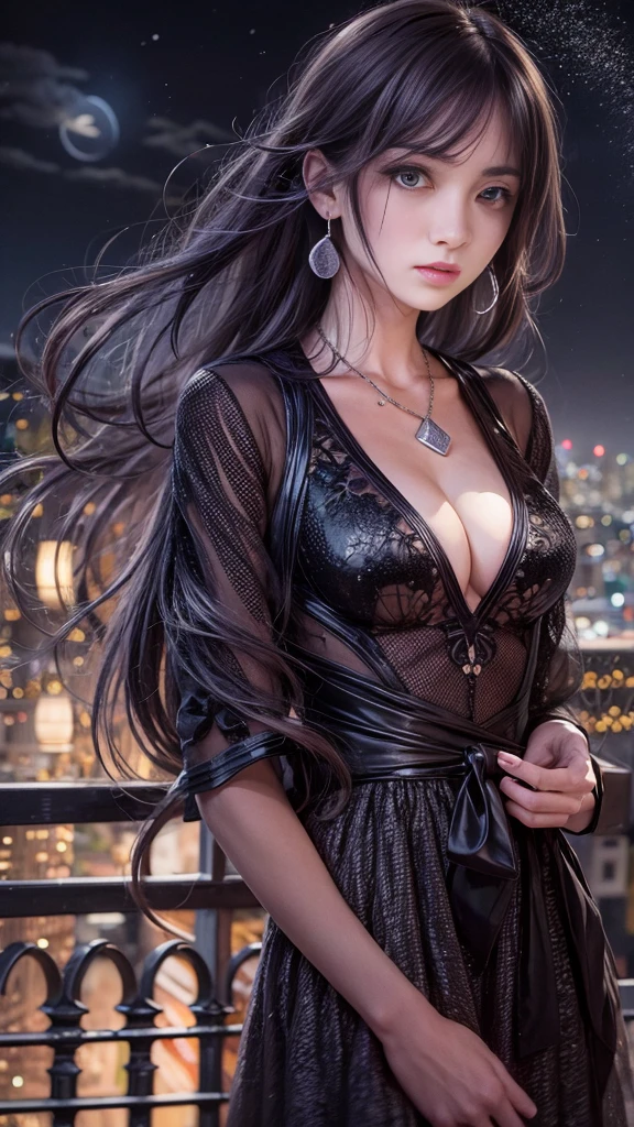 (32k:1.5, Highest quality, masterpiece, Ultra-high resolution), Perfect dynamic composition, Professional camera work:1.6, Very detailedな肌と顔の質感:1.3, Mysterious portrait:1.3, Very accurate, Very detailed, One Girl, ((Night view from the rooftop, The moonlight at night illuminates my body)), (Black Satin Nightgown:0.5), Incredibly slim body, Fair skin, Very beautiful face, (Big eyes that exude beautiful eroticism:0.9, A dreamy look:1.0, I love you with all my heart:0.8, Please open your mouth a little, lipstick, Feel the beautiful eroticism:0.7), (Wet dark brown medium length hair), Candles, The chest is medium, Earrings, necklace, bracelet, Tilt, get up, ((attractive, Hair blowing in the wind))