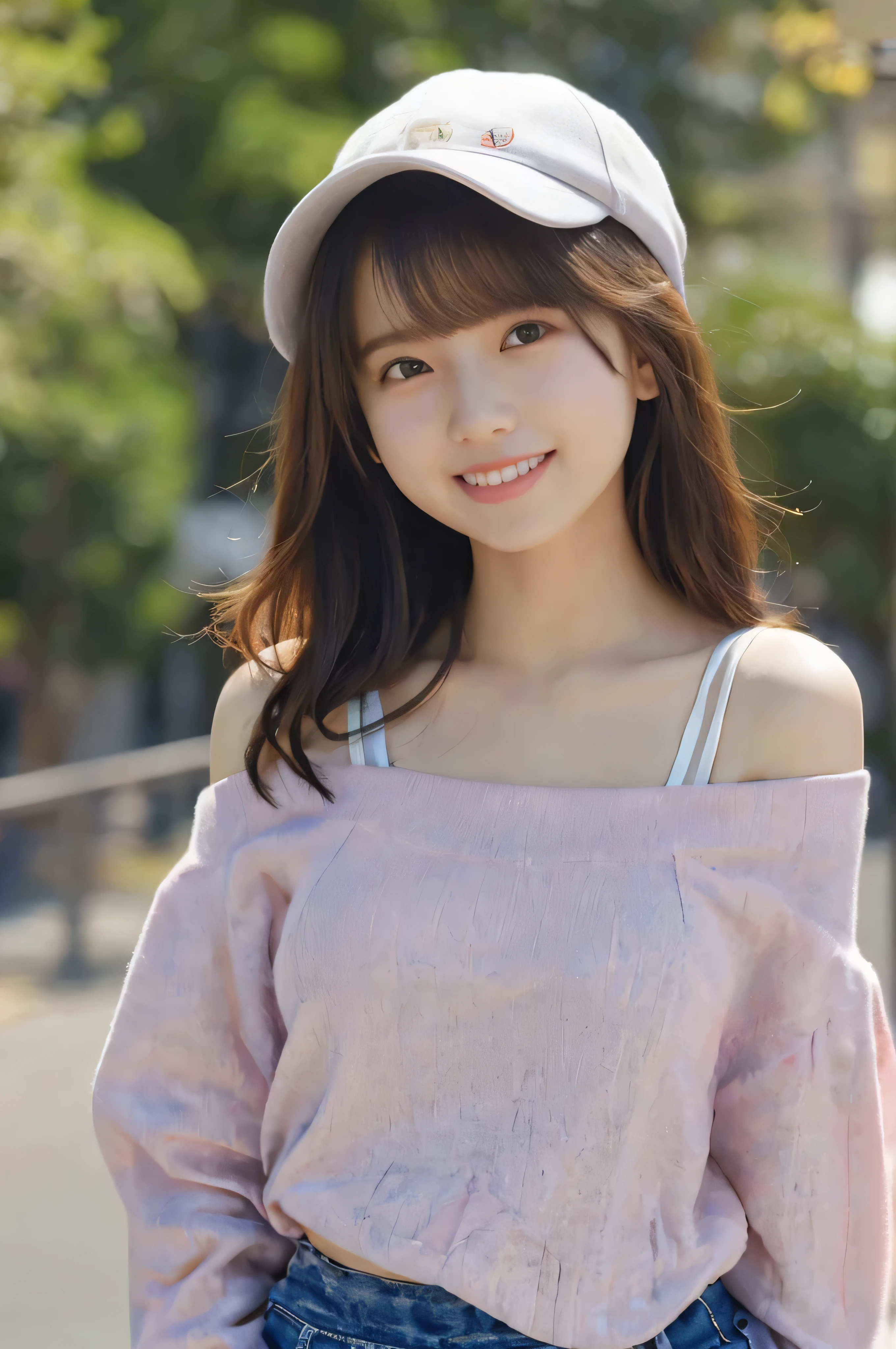 (Highest quality,4K,8K,High resolution,Tabletop:1.2),Very detailed,(Realistic,photoRealistic,photo-Realistic:1.37),Japanese animation,Soft colors,Great lighting,A girl with an innocent look,City street corner,Spring clothing details,My cheeks got red from the cold,fun,Light of the sun,peaceful and calming atmosphere,Clear blue sky,Lively, expressive eyes,Blushing,Laughter of joy,Fresh spring air,Off-the-shoulder sweatshirt top,Cleavage, Slender figure, Large Bust, Baseball cap,Delicate and graceful movements,Innocence and purity,Leaning forward, Childlike wonder and delight,Vivid animated scenes,Soft and comfortable clothing texture,Smiling and happy faces,