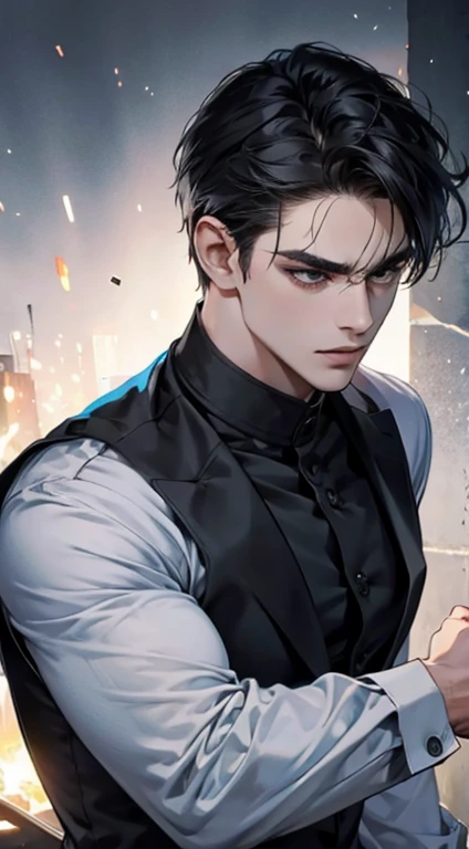 (best quality, masterpiece, 8K, photorealistic, cinematic lighting, hdr image, ultra detailed, beautiful image), 1 man, mature, very handsome, serious expression, short black hair, black eyes, arranging suit