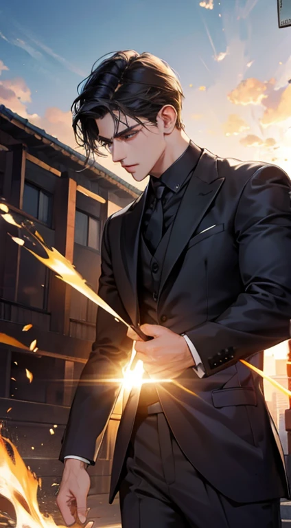 (best quality, masterpiece, 8K, photorealistic, cinematic lighting, hdr image, ultra detailed, beautiful image), 1 man, mature, very handsome, serious expression, short black hair, black eyes, arranging suit