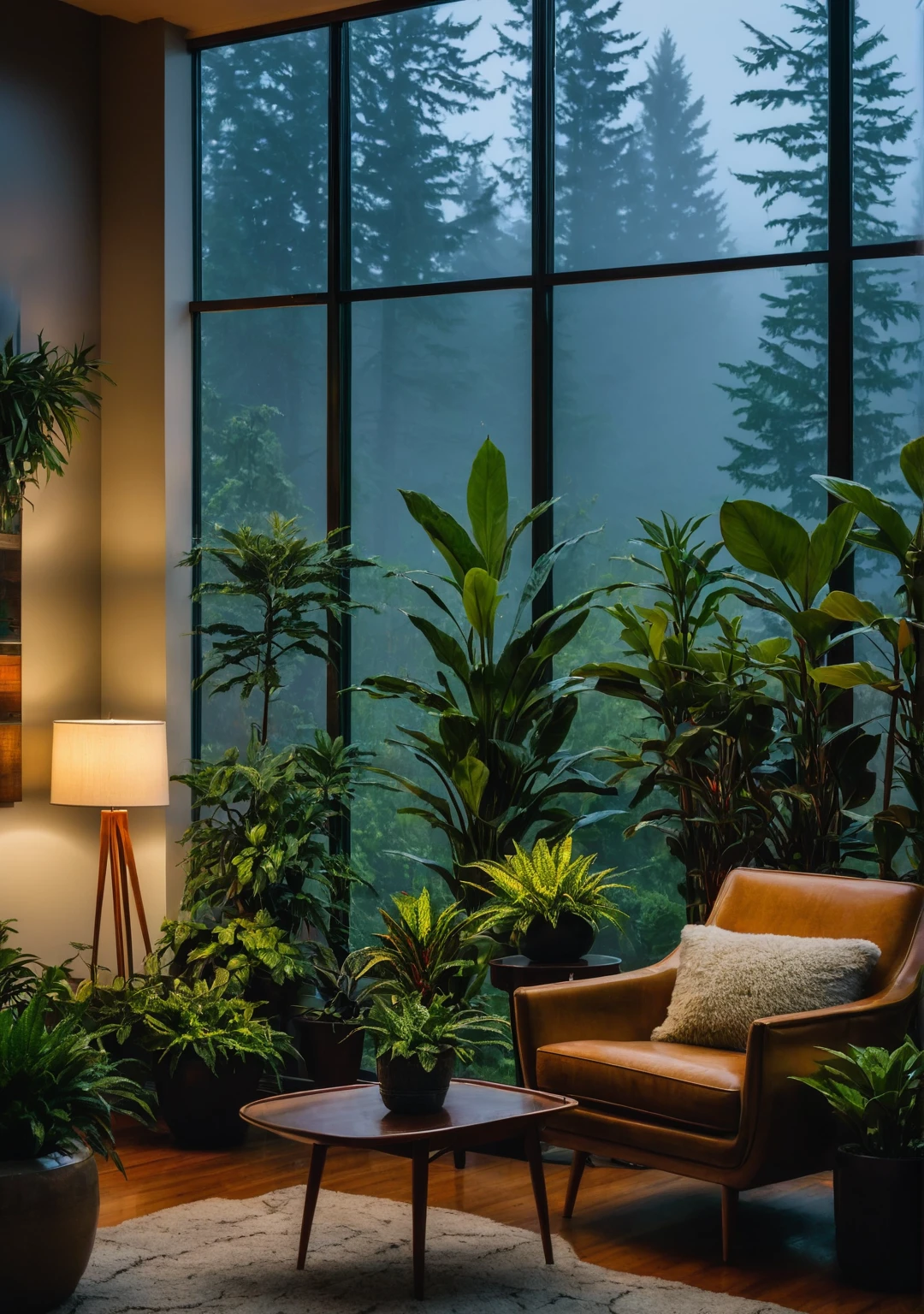 ((mid century modern living room)), dimly lit, (foggy rainy evening:1.2), pacific northwest, (dim lighting:1.2), (moody lighting:1.3), plants, large plants, many plants, (foggy windows:1.2), masterpiece, best quality, twilight hour, blue hour