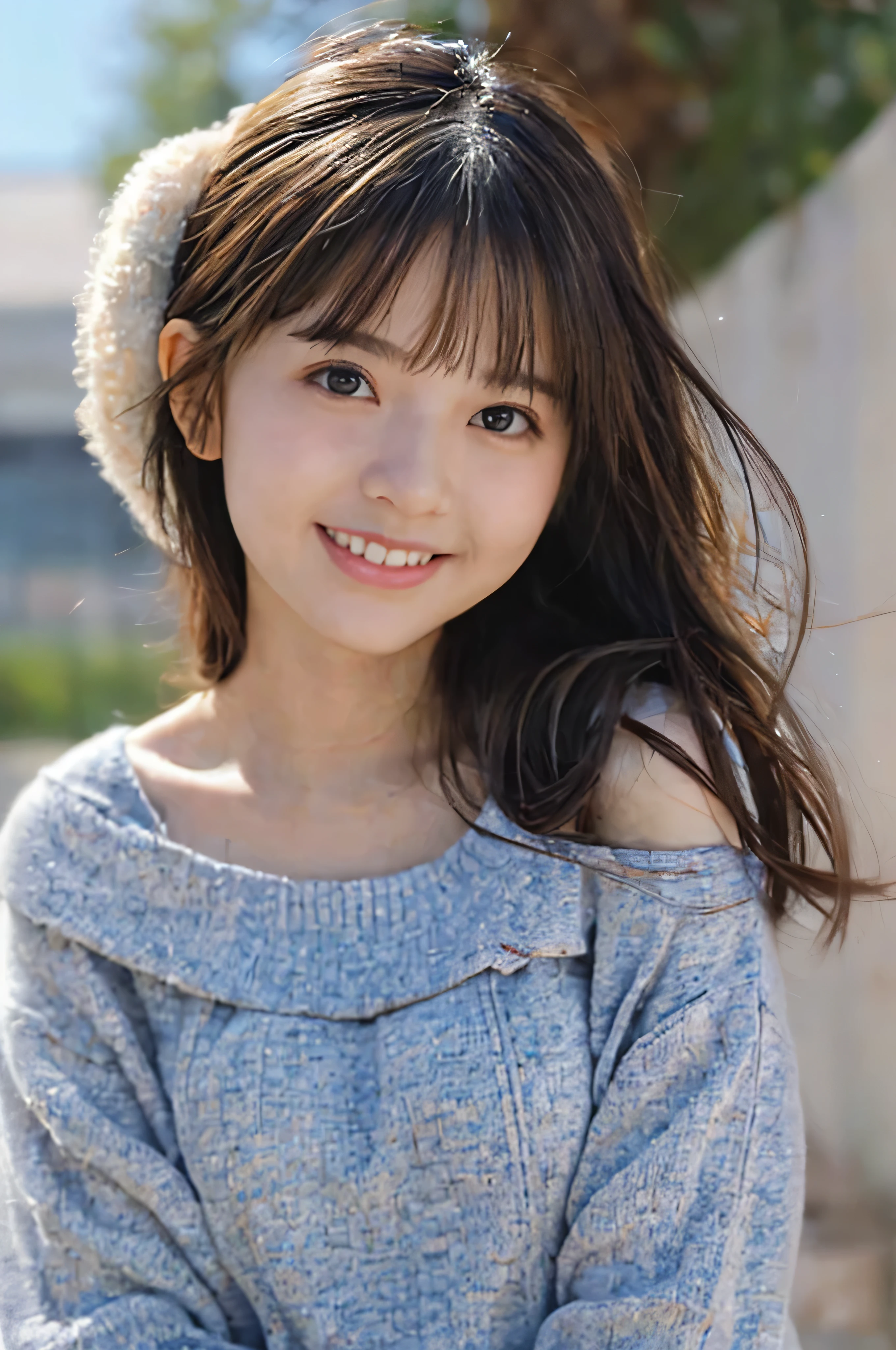 (Highest quality,4K,8K,High resolution,Tabletop:1.2),Very detailed,(Realistic,photoRealistic,photo-Realistic:1.37),Japanese animation,Soft colors,Great lighting,A girl with an innocent look,City street corner,Spring clothing details,My cheeks got red from the cold,fun,Light of the sun,peaceful and calming atmosphere,Clear blue sky,Lively, expressive eyes,Blushing,Laughter of joy,Fresh spring air,Off-the-shoulder sweatshirt top,Cleavage, Slender figure, Large Bust, Baseball cap,Delicate and graceful movements,Innocence and purity,Leaning forward, Childlike wonder and delight,Vivid animated scenes,Soft and comfortable clothing texture,Smiling and happy faces,