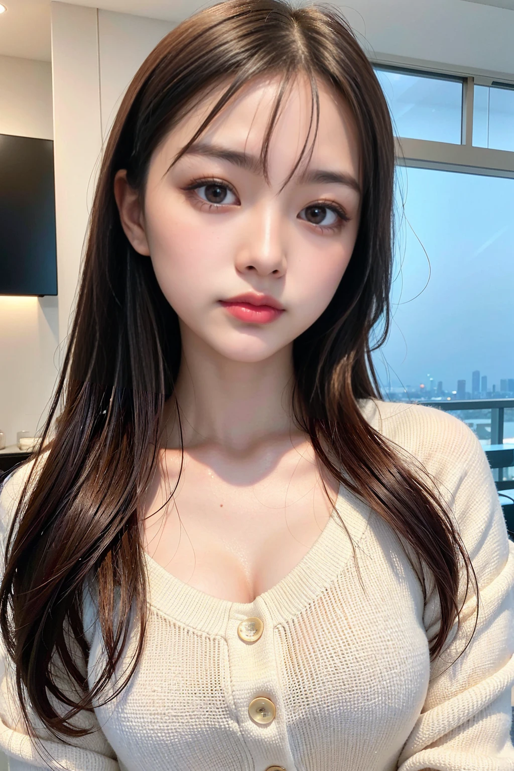 (Best Quality, Table Top, 8K, Best Quality, Award Winning), Cute young Japanese woman, (Close up of face: 1.5), (Blurred background: 1.1), Most moody and romantic, Beautiful shiny lipstick, Perfect makeup, Super high definition beautiful face, Super high definition hair, (Super high definition shiny skin: 1.1), (Blurred background: 1.1), (Front facing face: 1.5), (Front facing body: 1.5), (Broken eyebrows: 1.1), (Perfectly closed eyes: 1.2), Beautifully closed eyelids