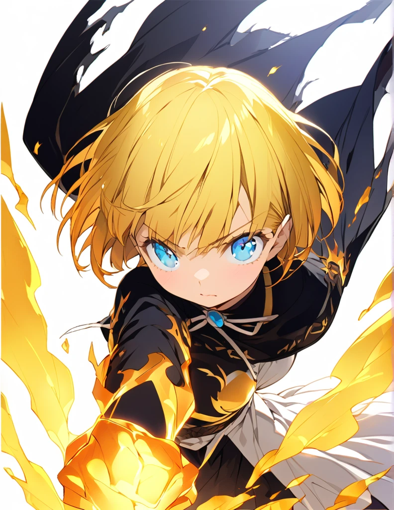 傑作 A girl fighting with golden flames (Short Bob Hair:1.4),(blue eyes)glowing flame big tits golden flame on fist Fist Shines