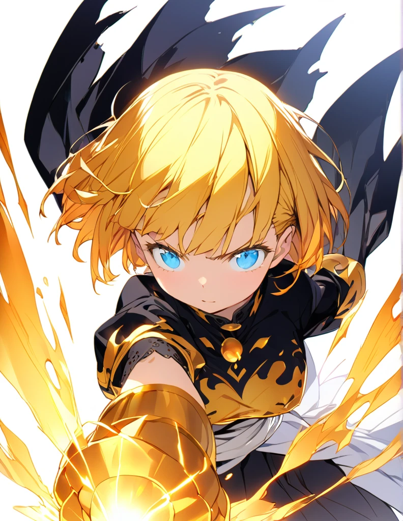 傑作 A girl fighting with golden flames (Short Bob Hair:1.4),(blue eyes)glowing flame big tits golden flame on fist Fist Shines