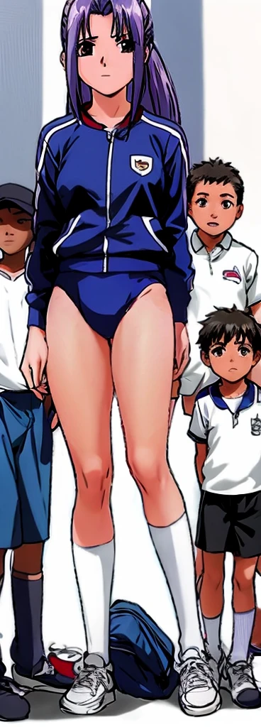 Momoko Koigakubo, a tall girl with beautiful legs, is standing with her legs spread to the sides in a white gym uniform and light navy blue bloomers that look like panties.。A second-grade boy wearing a tracksuit is standing next to Momoko Koigakubo and is smiling as he is being held by Momoko Koigakubo.。