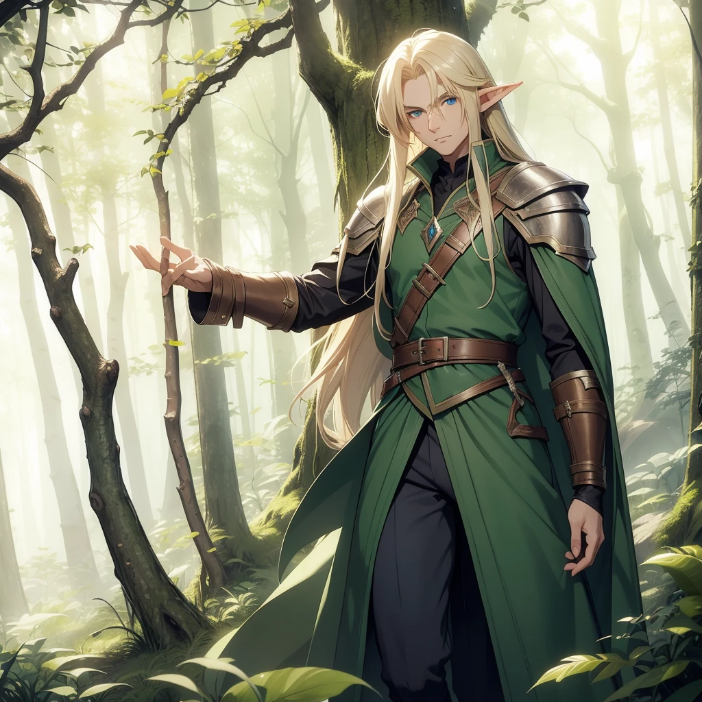 A male elf that possesses flowing blonde hair and striking blue eyes, typical of his elven heritage. He dresses in supple, forest-green leather armor crafted for agility and stealth, complemented by dark trousers and sturdy boots that allow him to move swiftly through the dense underbrush of Evershade Forest.