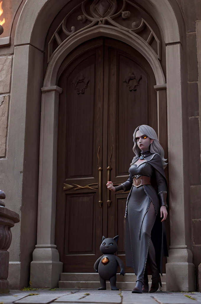 As you approached the tower's entrance, the door was guarded by dark creatures, stone golems with eyes as red as burning embers. Felicia used her magic to distract the guards, color grey and black, atmosphere dark