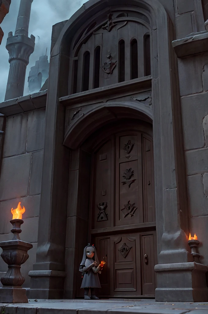 As you approached the tower's entrance, the door was guarded by dark creatures, stone golems with eyes as red as burning embers. Felicia used her magic to distract the guards, color grey and black, atmosphere dark