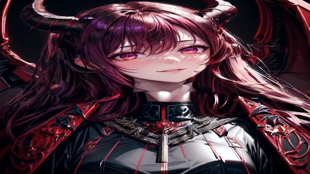 A succubus with horns,black wings,wearing Red LIla military uniform,decorated medals,highly detailed face,beautiful eyes,sharp facial features,flawless skin,seductive expression,dark fantasy,dramatic lighting,cinematic composition,chiaroscuro,digital painting,muted colors,moody atmosphere