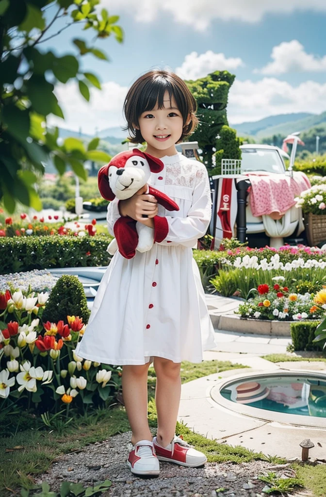 Highly realistic photo, ((masterpiece), (best quality), (raw photo), (photorealistic:1.4), Photo of a 6--old l, short hair, wearing a white dress, holding a red stuffed dog, ((real hands)), photo taken in a tulip Vietnam garden, ((standing on the grass)), photo taken by Sony A7IV
