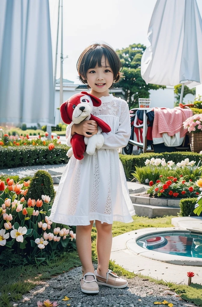 Highly realistic photo, ((masterpiece), (best quality), (raw photo), (photorealistic:1.4), Photo of a ***************, short hair, wearing a white dress, holding a red stuffed dog, ((real hands)), photo taken in a tulip Vietnam garden, ((standing on the grass)), photo taken by Sony A7IV
