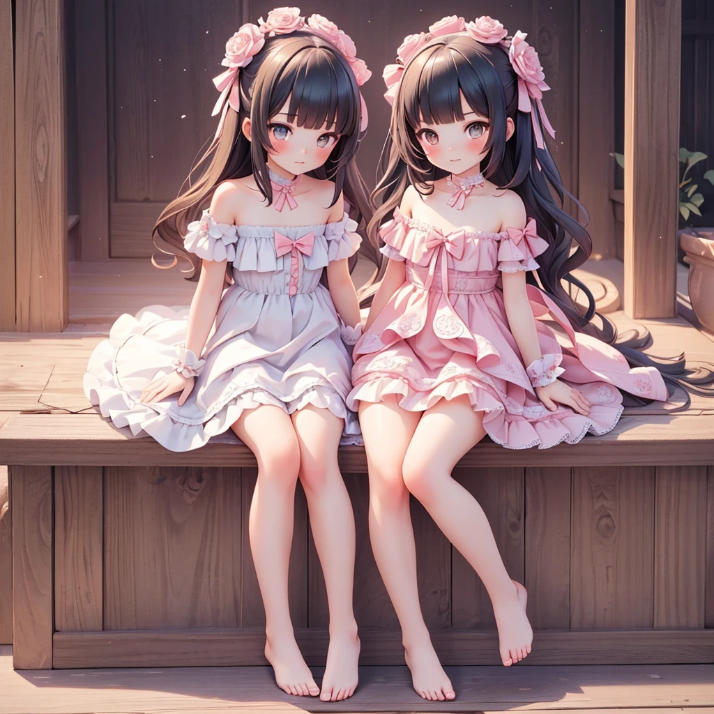((bishojo)), ((jk, 2 girls)), (masterpiece), (top quality), (hyper detailed), (exquisite), (depth), (crisp), (8k), (beautiful and aesthetic), (super detailed skin), (high standard), (high resolution), (perfect anatomy), ((full body)), (blush), (bare foot), (wariza), (lace strapless clothes), (blunt bangs), (bow in hair)