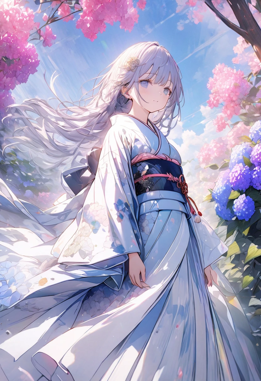 Hydrangeas, a beautiful girl, beautiful sky, detailed details, a large sky, a full-body image, detailed colors, dynamic angles, a beautiful Japanese kimono, BREAK ,quality\(8k,wallpaper of extremely detailed CG unit, masterpiece,hight resolution,top-quality,top-quality real texture skin,hyper realisitic,increase the resolution,RAW photos,best qualtiy,highly detailed,the wallpaper,cinematic lighting,ray trace,golden ratio\),