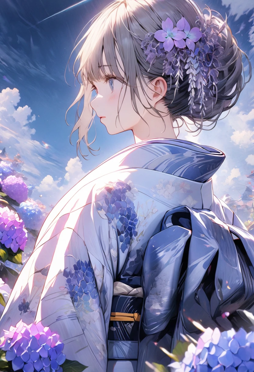 Hydrangeas, a beautiful girl, beautiful sky, detailed details, a large sky, a full-body image, detailed colors, dynamic angles, a beautiful Japanese kimono, BREAK ,quality\(8k,wallpaper of extremely detailed CG unit, masterpiece,hight resolution,top-quality,top-quality real texture skin,hyper realisitic,increase the resolution,RAW photos,best qualtiy,highly detailed,the wallpaper,cinematic lighting,ray trace,golden ratio\),