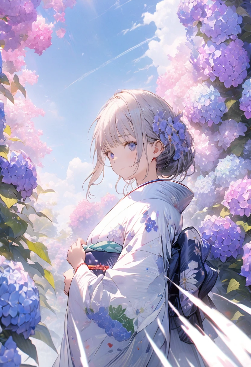 Hydrangeas, a beautiful girl, beautiful sky, detailed details, a large sky, a full-body image, detailed colors, dynamic angles, a beautiful Japanese kimono, BREAK ,quality\(8k,wallpaper of extremely detailed CG unit, masterpiece,hight resolution,top-quality,top-quality real texture skin,hyper realisitic,increase the resolution,RAW photos,best qualtiy,highly detailed,the wallpaper,cinematic lighting,ray trace,golden ratio\),