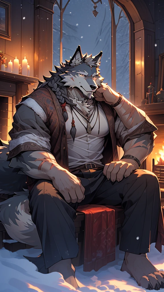 (masterpiece), (photorealistic:1.4), (1boy), (detailed face:1.2), (wolf male:1.5), (old：1.9）, (aged), (retired), (muscular build), (gray fur:1.3), (long white beard), (long white braided hair), (loose shirt), (sitting), (resting), (calm expression), (peaceful eyes), (many scars), (scar on face), (scar on body), (indoors),  (cold northern region), (room), (fireplace), (fire), (window), (snow outside), (winter), (night), (dim lighting), (cinematic lighting)