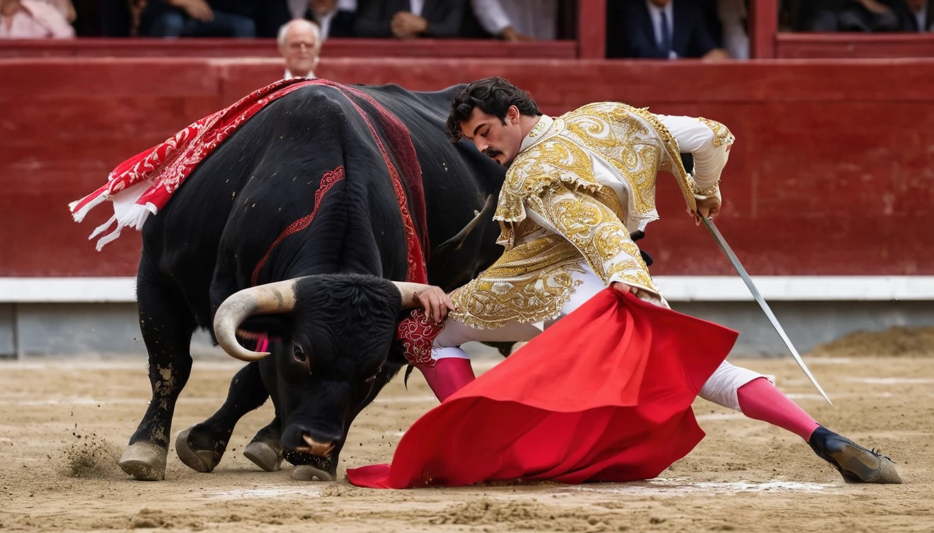 bulls are fighting in A bullfight with a man in a red cape, including a matador & A bull, by Toros Roslin, Jesus Alonso Iglesias, by Bernardo Cavallino, Lt. Tom Wänerstrand, by Luis Molinari, inspired by Toros Roslin, by Matteo Pérez