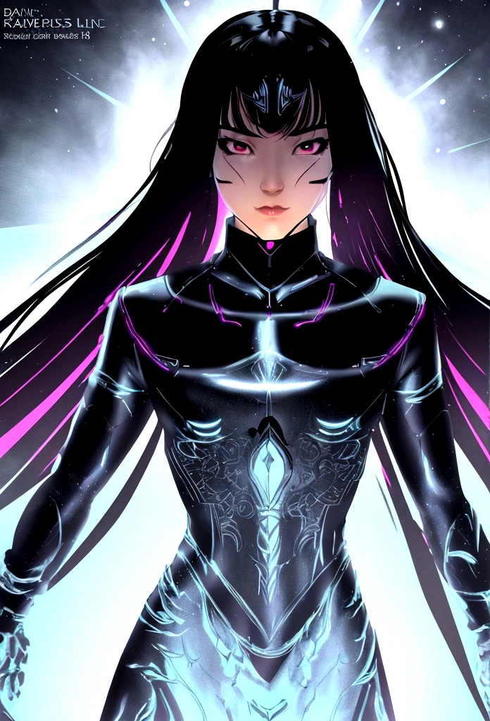 SF fantasy. Stand on the battlefield of space. Whole body (comic style), (color line drawing: 1.5), ((highest image quality)), ((masterpiece)), (details: 1.4), 3D, androgynous beautiful boy image, face that only looks like a woman, androgynous body lines, HDR (High Dynamic Range), sharp eyes, devilish eyes, long black hair that reaches to the waist, bangs over one eye, ray tracing, NVIDIA RTX, super resolution, Unreal 5, subsurface scattering, PBR texturing, post processing, anisotropic filtering, depth of field, maximum clarity and sharpness, perfect proportions, samurai, jet black armor with Japanese-Western design, masterpiece of fantasy in the sci-fi world, Holding a sword in his left hand, his cloak fluttering,
