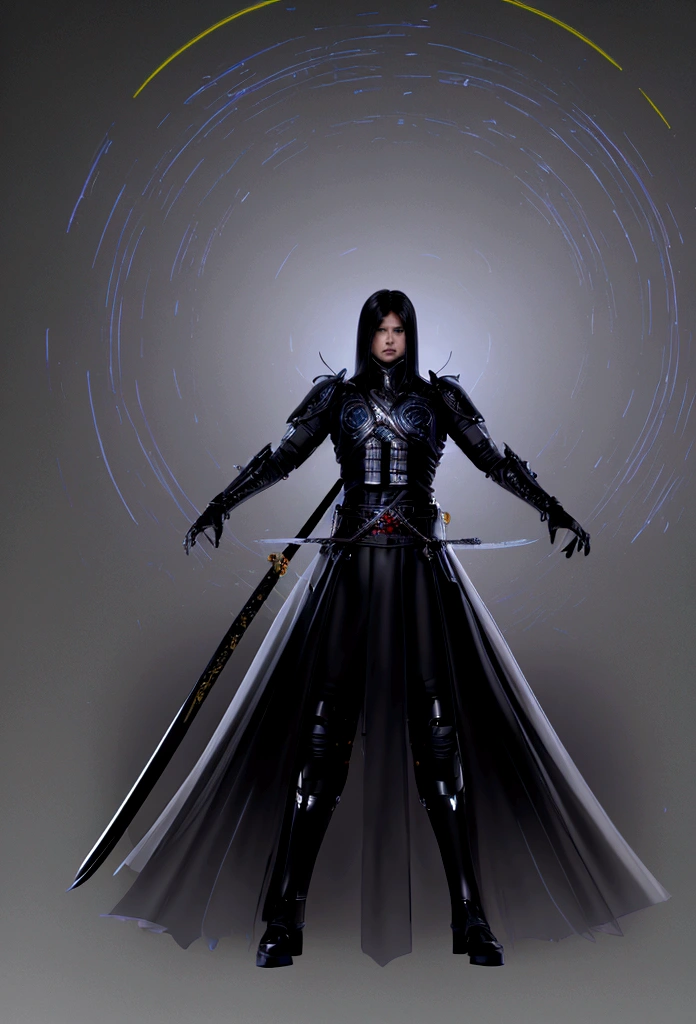 SF fantasy. Stand on the battlefield of space. Whole body (comic style), (color line drawing: 1.5), ((highest image quality)), ((masterpiece)), (details: 1.4), 3D, androgynous beautiful boy image, face that only looks like a woman, androgynous body lines, HDR (High Dynamic Range), sharp eyes, devilish eyes, long black hair that reaches to the waist, bangs over one eye, ray tracing, NVIDIA RTX, super resolution, Unreal 5, subsurface scattering, PBR texturing, post processing, anisotropic filtering, depth of field, maximum clarity and sharpness, perfect proportions, samurai, jet black armor with Japanese-Western design, masterpiece of fantasy in the sci-fi world, Holding a sword in his left hand, his cloak fluttering,