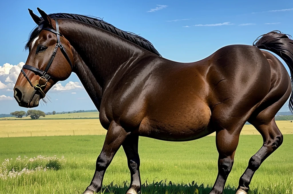 full figured very dark skinned African woman riding a big Belgian draft horse mare (side view). big bum. very short tail. horse facing horizon . flat grass meadow. steaming horse dung behind horse. cloudless blue sky.
