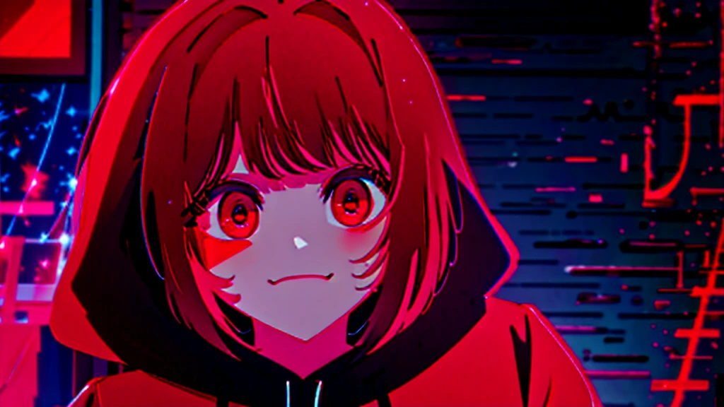 masterpiece, Highest quality, 8K,Detailed Background, masterpiece, Highest quality, smile, ornament, hoodie, Portraiture, Neon Red, graffiti, dark, night, Shining Eyes, Black light