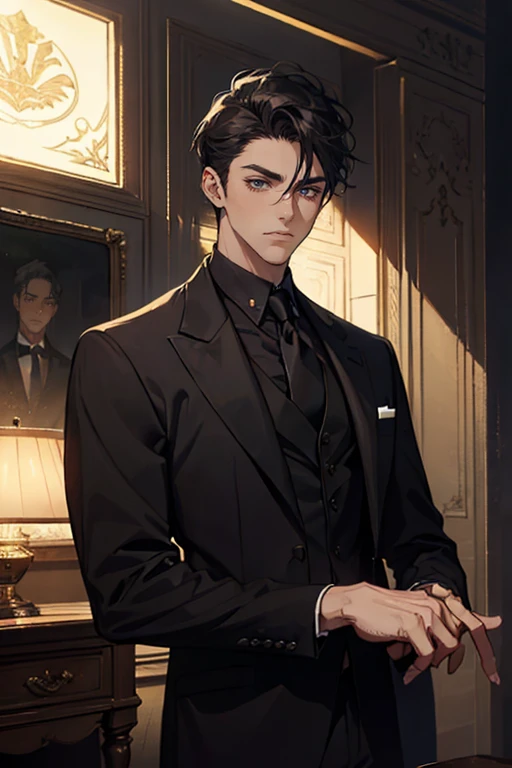 ((One young man with a black suit and tie)), alejandro, (((one side swept dark short neat hair))), ( green eyes and thick eyebrows), ((20 years old)), ((masterpiece)), ((cinematic lighting)), relax look and smirk, waiting for someone