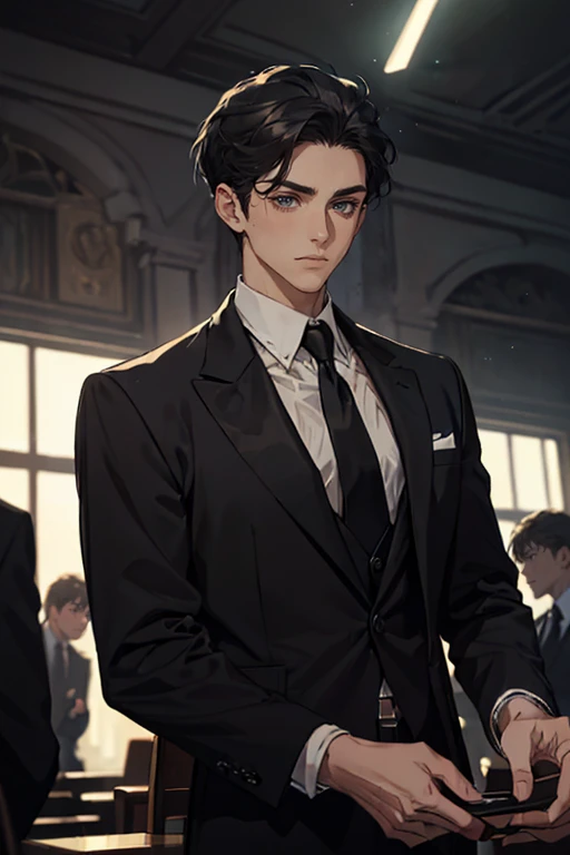 ((One young man with a black suit and tie)), alejandro, (((one side swept dark short neat hair))), ( green eyes and thick eyebrows), ((20 years old)), ((masterpiece)), ((cinematic lighting)), relax look and smirk, waiting for someone