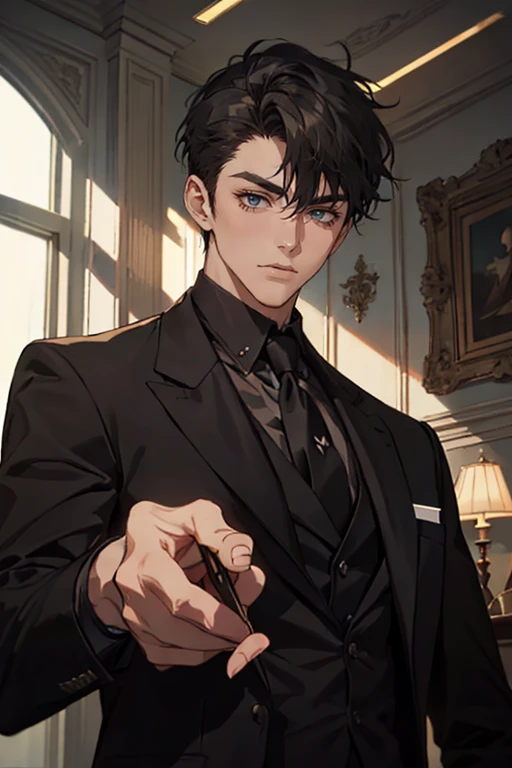 ((One young man with a black suit and tie)), alejandro, (((one side swept dark short neat hair))), ( green eyes and thick eyebrows), ((20 years old)), ((masterpiece)), ((cinematic lighting)), relax look and smirk, waiting for someone