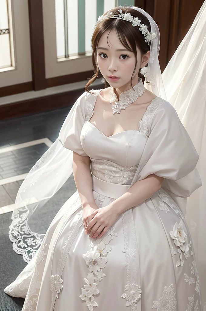 Haruno sakura, ((alone)), alone, bride, Wearing a white wedding dress, Queen, Happy, ((Show your forehead)), Are standing, Entering the Church, delicate, young,  Detailed face, High resolution, ((whole body)), (Flowers around her), whole body, she is a beautiful woman getting married, High quality face, beautiful, Shine