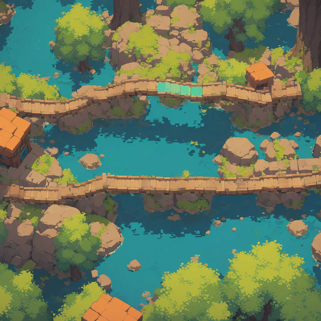 retro video game style,pixelated, vibrant pastel colors,8-bit characters,blocky shapes,sharp lines,detailed shading,classic gaming vibe,nostalgic atmosphere,classic arcade games,masterpiece:1.2,ultra-detailed,illustration style, 2d texture, clay texture, stone texture, 4 k seamless mud texture, video game texture, dirt texture, tileset, game tiles, clay material, flat texture, grass, trees, rock texture, rocky ground, forest, topdown view, game texture, game art, ground very detailed, dirt, floor texture, tileable texture, flowers, wooden bridge, wooden river bridge, bushes, shrubs, intricate ground stone, top down view, 3/4th perspective