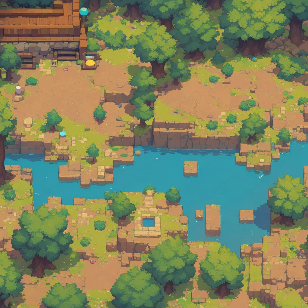 retro video game style,pixelated, vibrant pastel colors,8-bit characters,blocky shapes,sharp lines,detailed shading,classic gaming vibe,nostalgic atmosphere,classic arcade games,masterpiece:1.2,ultra-detailed,illustration style, 2d texture, clay texture, stone texture, 4 k seamless mud texture, video game texture, dirt texture, tileset, game tiles, clay material, flat texture, grass, trees, rock texture, rocky ground, forest, topdown view, game texture, game art, ground very detailed, dirt, floor texture, tileable texture, flowers, wooden bridge, wooden river bridge, bushes, shrubs, intricate ground stone, top down view, 3/4th perspective