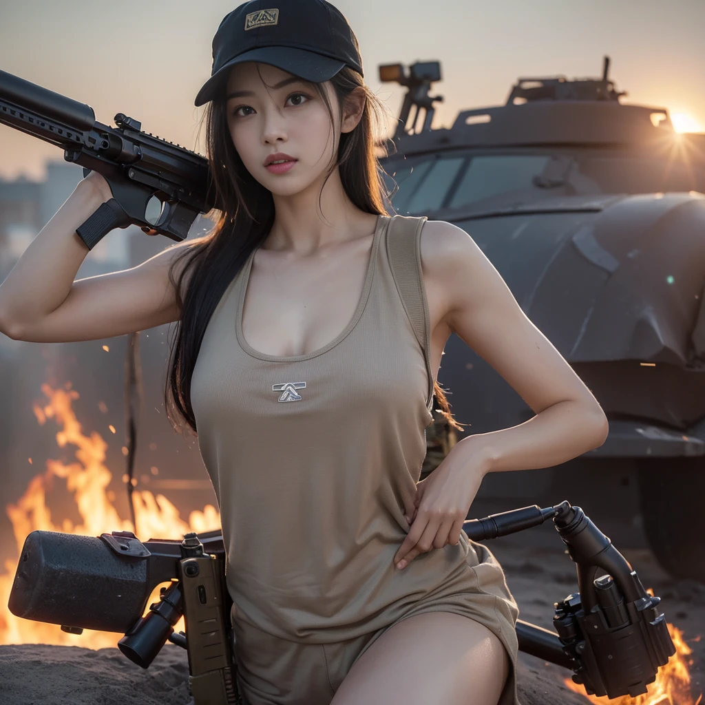 (8K, RAW Photos, Highest quality, masterpiece:1.2),(Realistic, Realisticな写真:1.4),(非常に詳細な CG Unity 8K 壁紙),(Round face: 1.5), (Detailed pupil:1.3),(Cool eyes:1.1),(A small smile:1.1),(Unforgettable Eyes:1.1),(Your eyes are so beautiful:1.1),
24-years-old, Japanese women, Dirty Face, Covered in scars、Bronze Skin, U in clothes.s. Marine Corps Uniform,Bulletproof vest、Backpack、Heavy machinery、 Fighting on the battlefield, Strong muscles, World war, Modern warfare theme,armyの少女, Assault rifle with accurate details, (Gripping the rifle: 1.3), (Aim そして hold the rifle.: 1.3), Gunfight, army, Baseball cap, car on fire, war zone,, explosion, Burning City, cigarette, Torn Tank Tower, belly button, Gloves, 破れたarmy用パンツ, Faces stained with mud and blood, Sweaty skin, bloody skin, Muddy skin, declaration of determination, Precise Representation, Highest quality, Ultra-high resolution, Realisticな, Spirit、Physically Based Rendering(Physically Based Rendering(Physically Based Rendering)), Cinema Lighting, Complex, Cinematic look,Cinematic soft light, Pleasant tone of voice, Battlefield Background, Background of urban warfare, Realistic, Cowboy Shot, Dynamic Angle,, Mahindrathar, electric wire, 8K!!, 偉大なmasterpiece,, make: Tom Karafik, (((Half naked with breasts visible))), (((Nipples peeking out from tank top)))