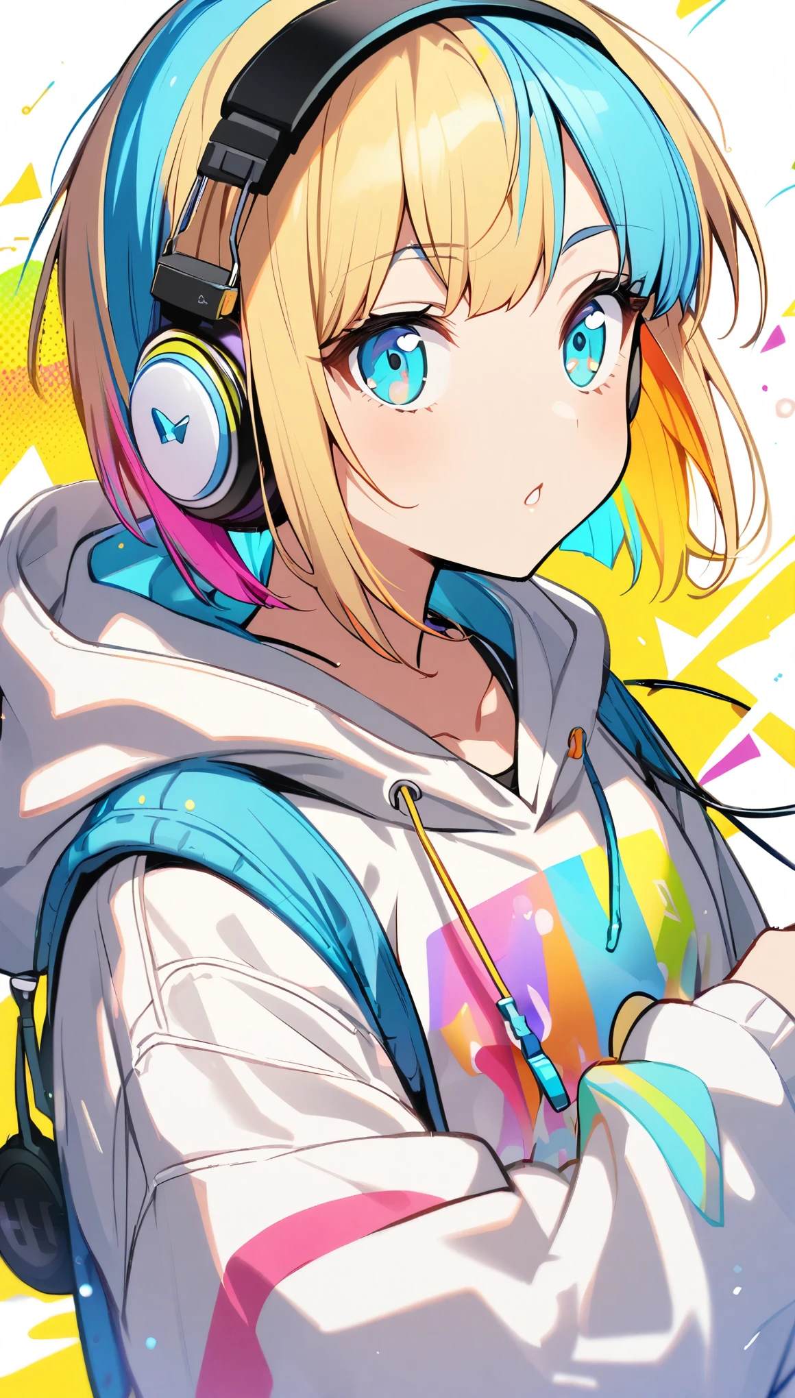 1girl, boyish, aqua eyes, blond hair, short hair, colorful inner hair, headphone, hoodie