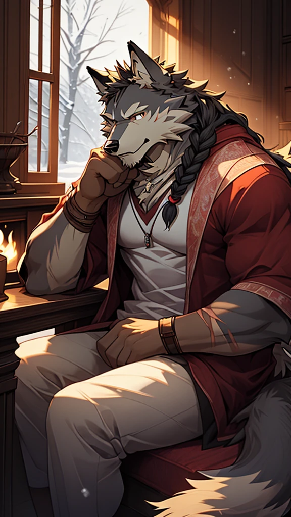 (masterpiece), (photorealistic:1.4), (1boy), (detailed face:1.2), (wolf male:1.5), (old:1.9), (aged), (retired), (muscular build), (gray fur:1.3), (long white beard), (long white braided hair), (loose shirt), (sitting), (resting), (calm expression), (peaceful eyes), (many scars), (scar on face), (scar on body), (indoors), (cold northern region), (room), (fireplace), (fire), (window), (snow outside), (winter), (night), (dim lighting), (cinematic lighting)