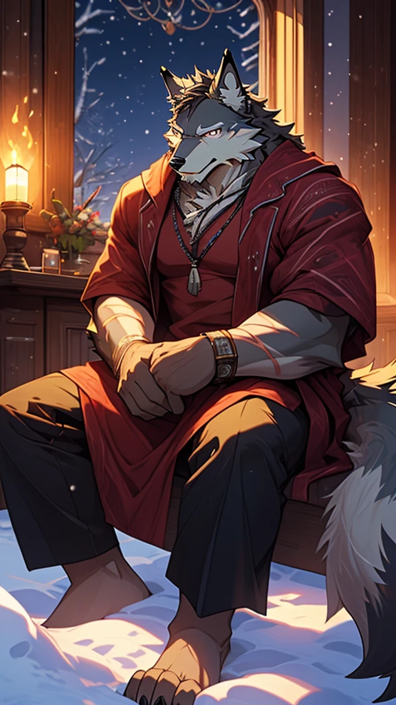 (masterpiece), (photorealistic:1.4), (1boy), (detailed face:1.2), (wolf male:1.5), (old:1.9), (aged), (retired), (muscular build), (gray fur:1.3), (long white beard), (long white braided hair), (loose shirt), (sitting), (resting), (calm expression), (peaceful eyes), (many scars), (scar on face), (scar on body), (indoors), (cold northern region), (room), (fireplace), (fire), (window), (snow outside), (winter), (night), (dim lighting), (cinematic lighting)