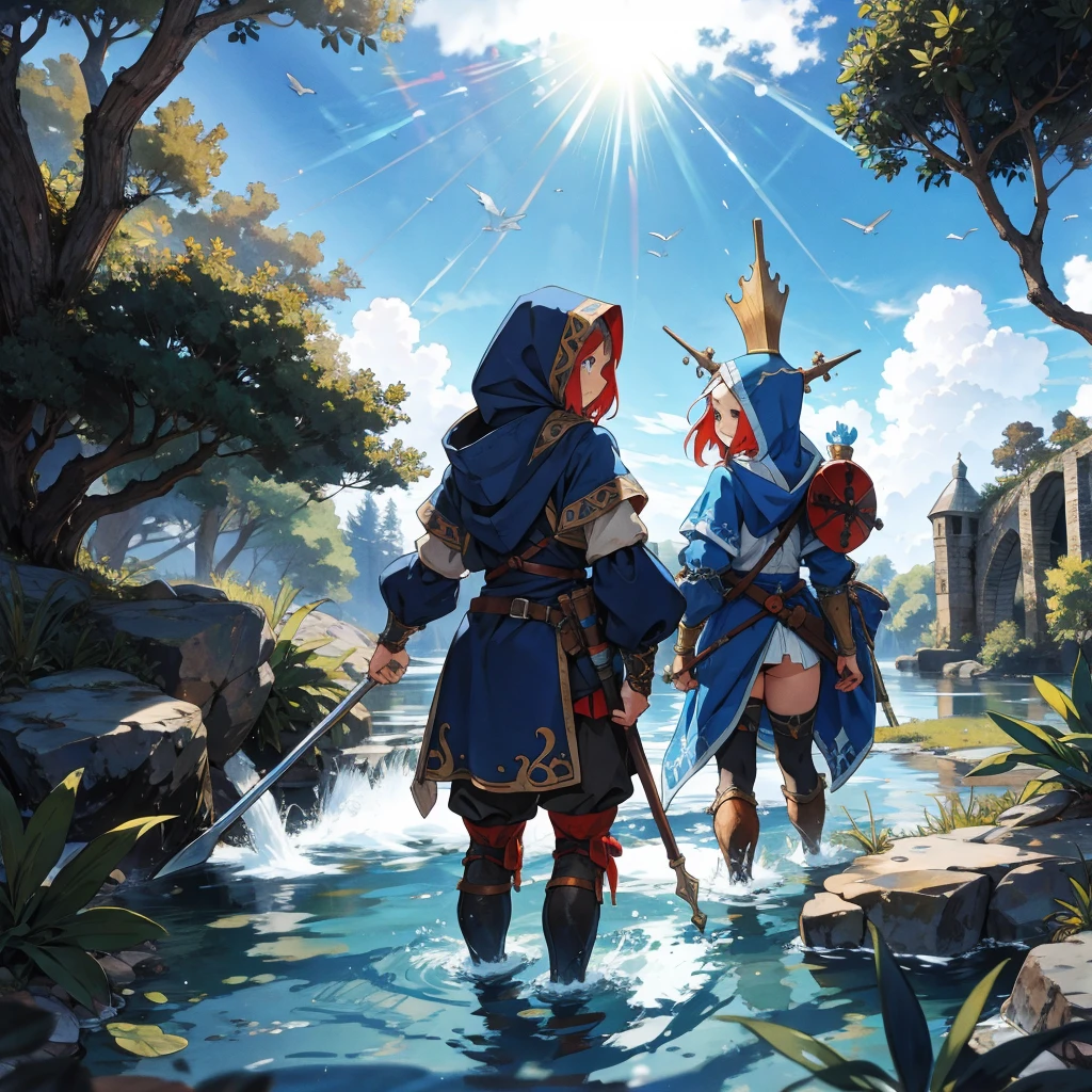 back view female water dwarf in the river with medieval adventurer outfit hood