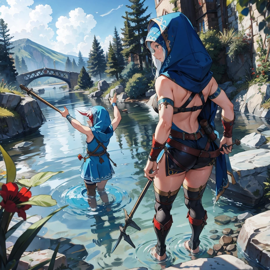 back view female water dwarf in the river with medieval adventurer outfit hood